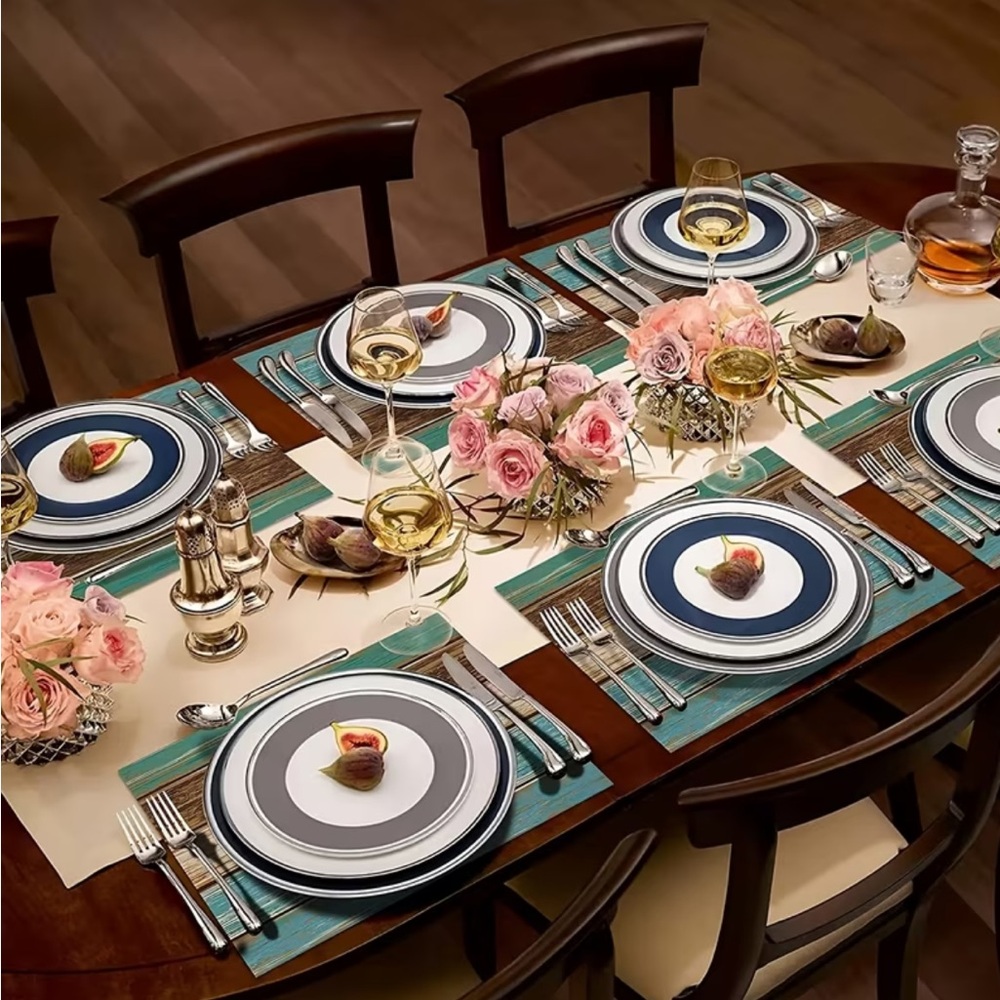 WHOLE SET! Linen Brown & Teal Striped Table Runner, 4 Placemats & 2 Pillow Cases